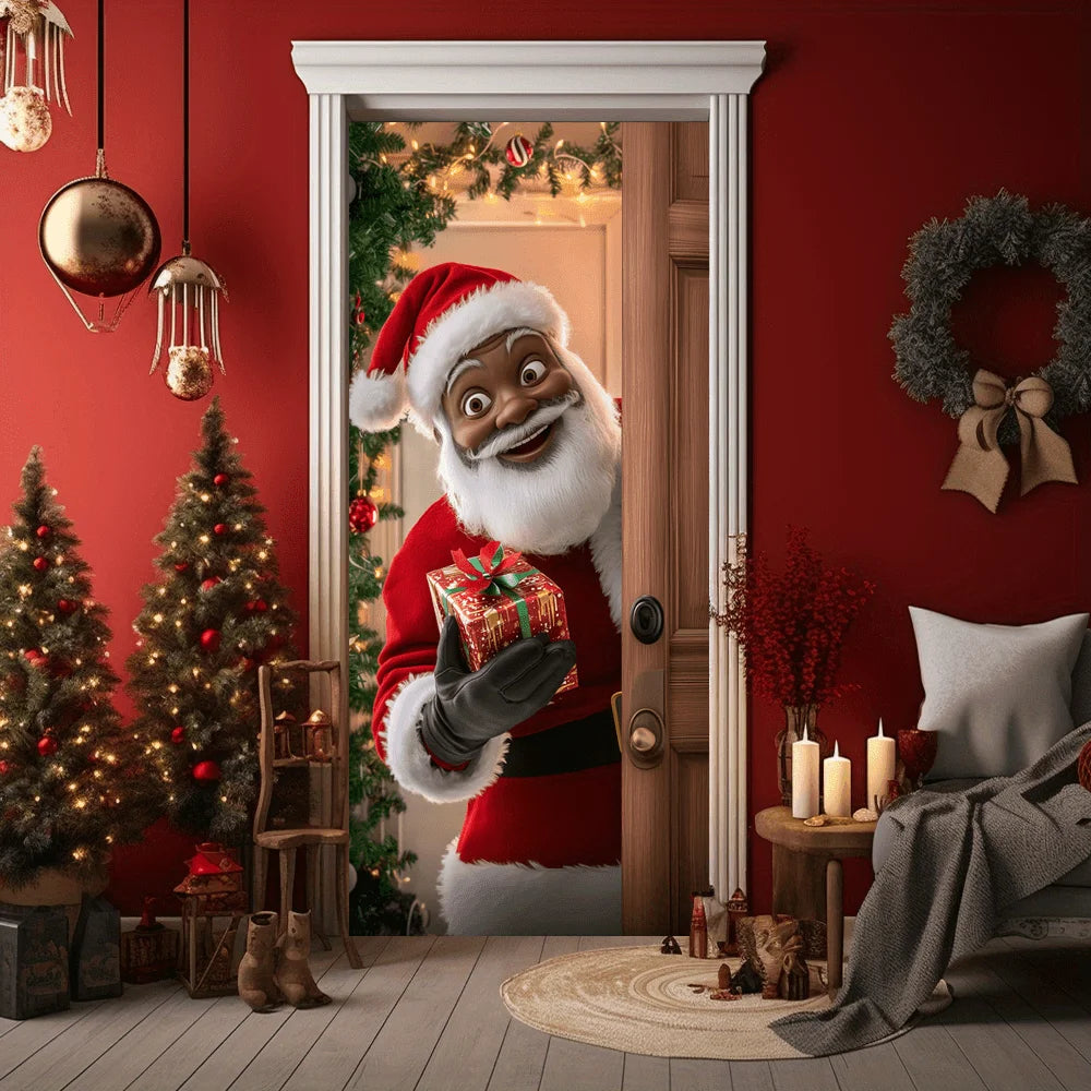 A festive scene featuring a red Santa figure in a red suit standing in a white door frame decorated with greenery and Christm