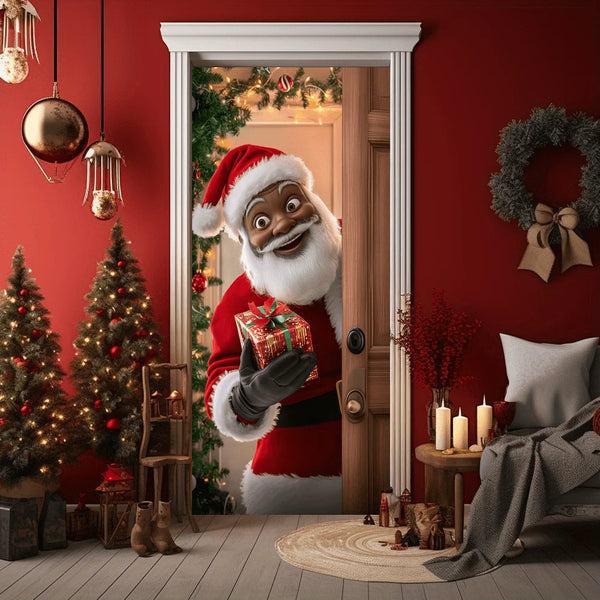Black Santa Door Curtain Christmas Welcome Banner