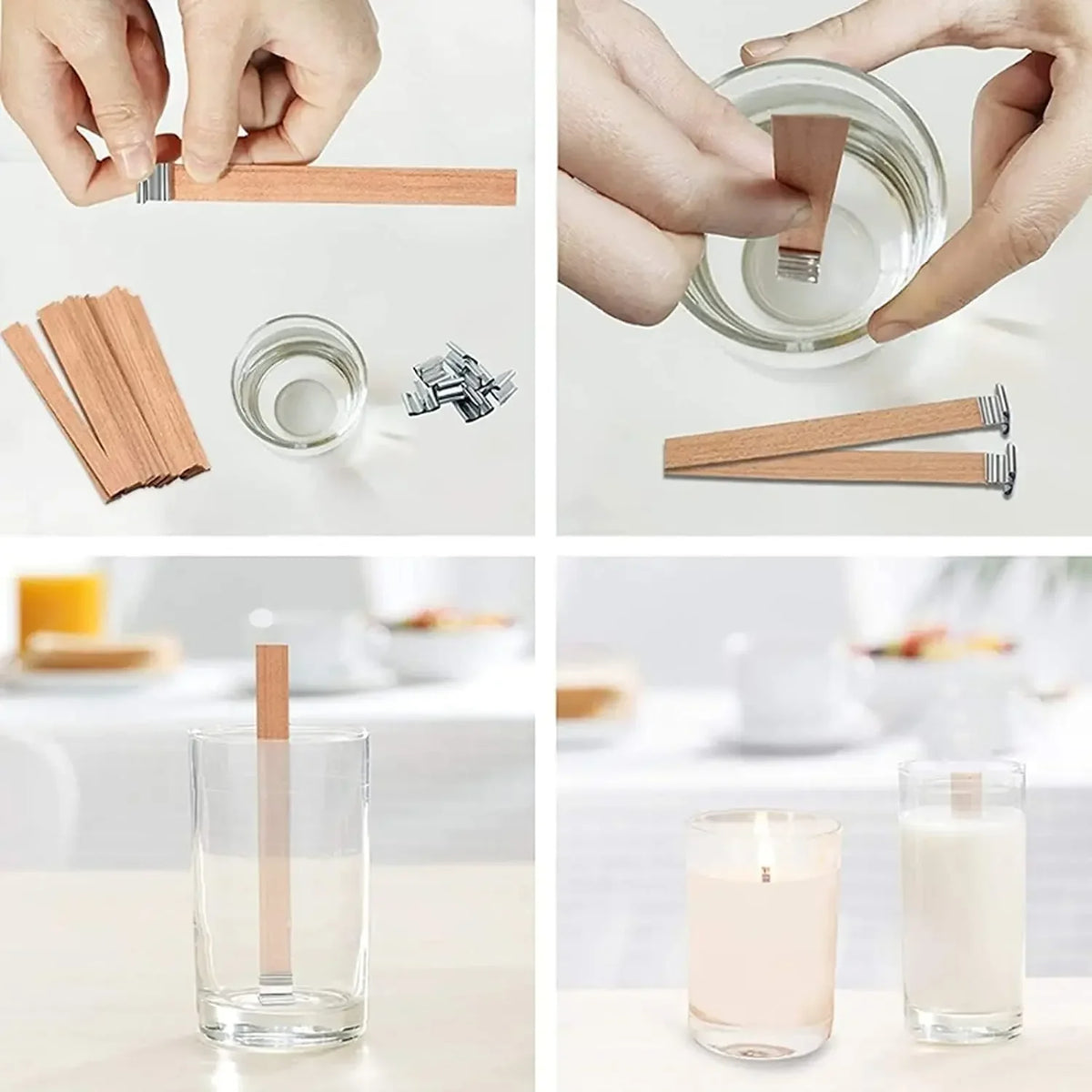 Bougie à mèche en bois et son support avec cire et contenants en verre.