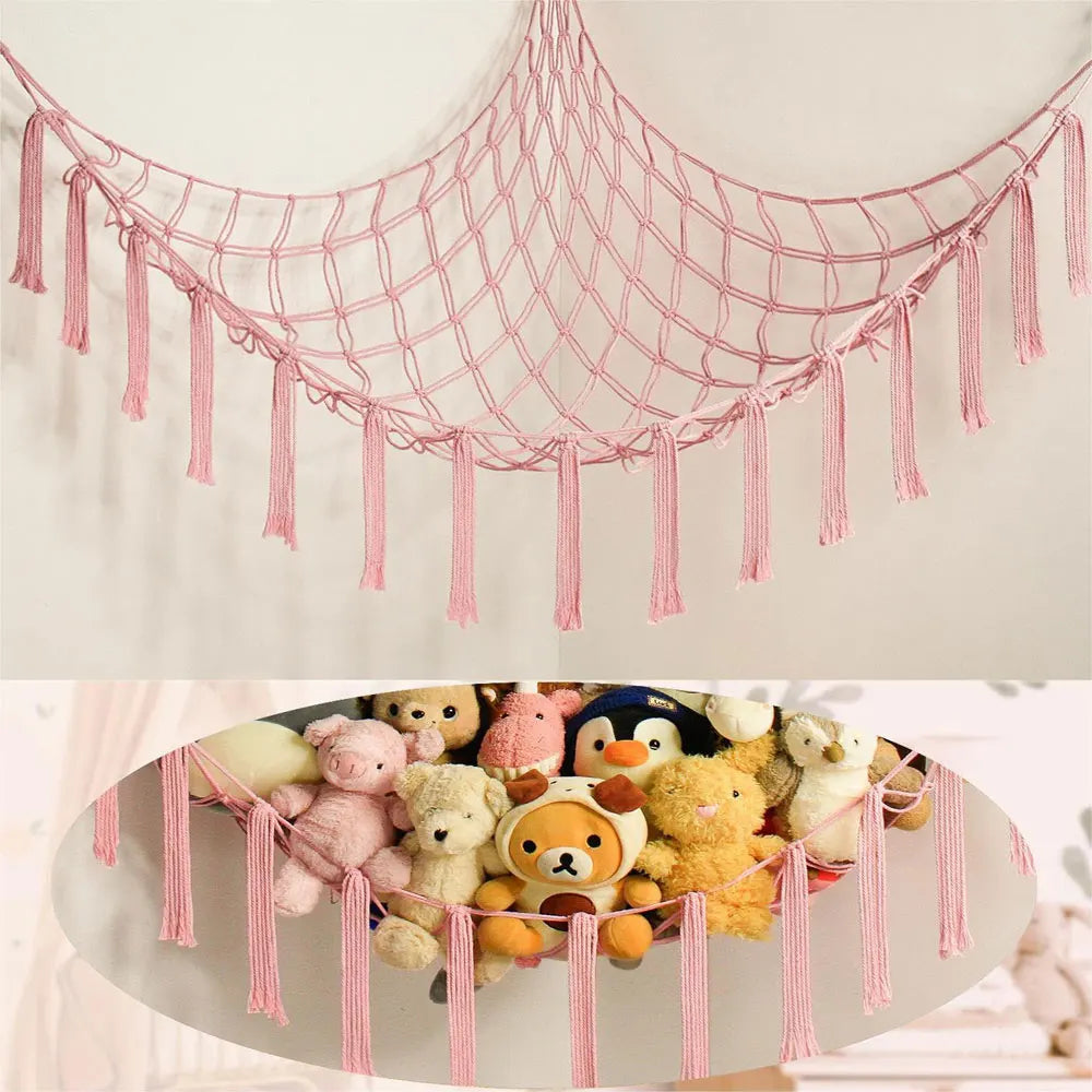 Pink multi-use storage hammock for toys and plushies with dangling fringe