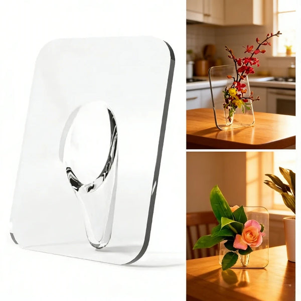 A clear acrylic photo frame vase is displayed on a wooden table, featuring floral arrangements.