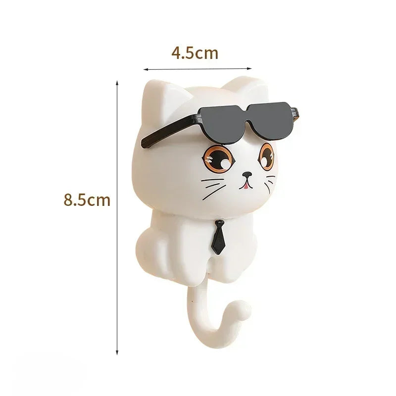 Cartoon Cat Adhesive Hooks – No-Damage Wall Hooks with Sunglasses Design