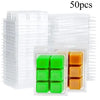 50 pieces of clear plastic clamshell molds for DIY wax melts, including green and orange colors.