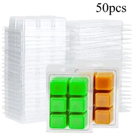 50 pieces of clear plastic clamshell molds for DIY wax melts, including green and orange colors.