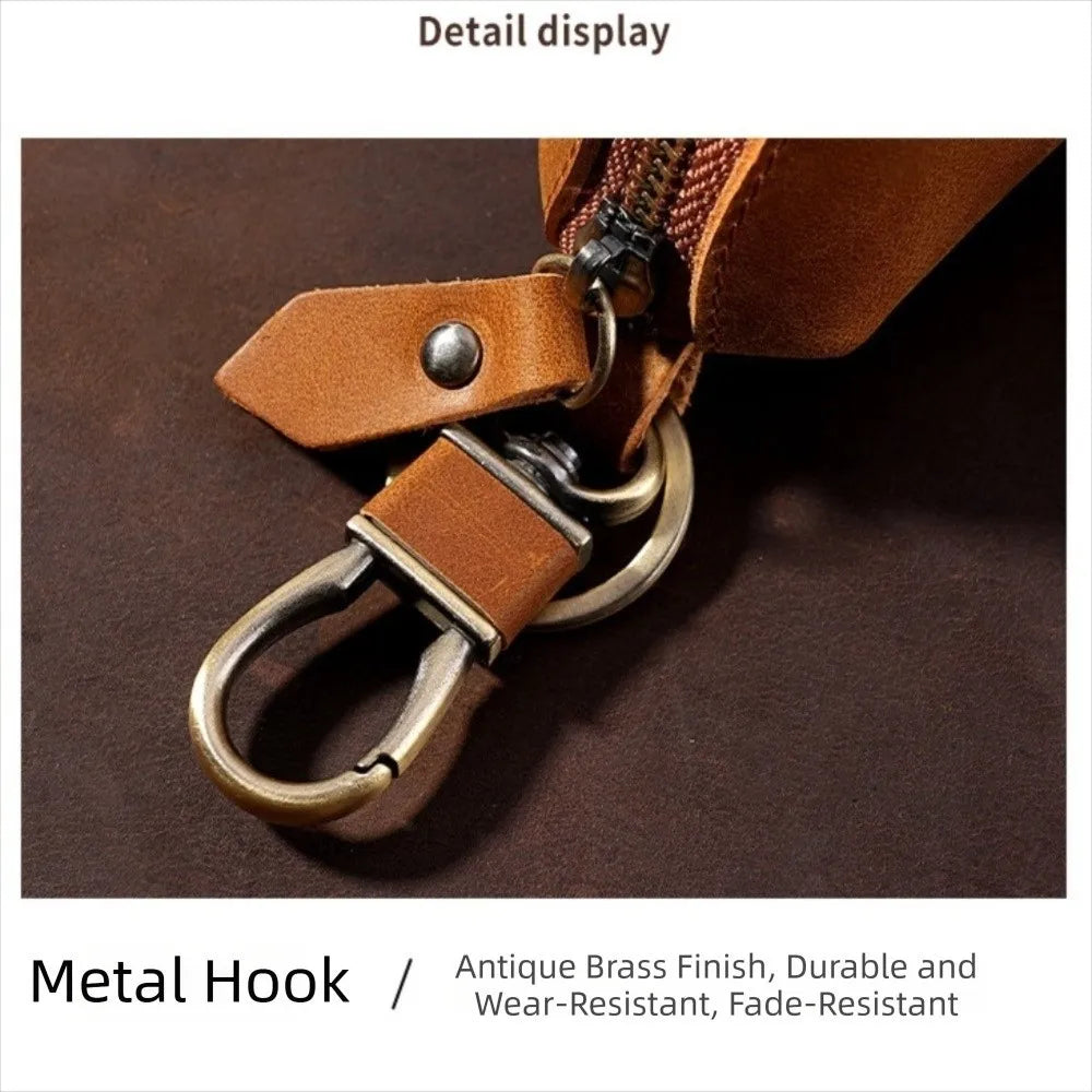 Detail display of a brown leather strap and metal hook used for a key pouch.