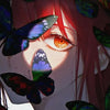 Anime style illustration of a person with red hair and butterflies in their eyes