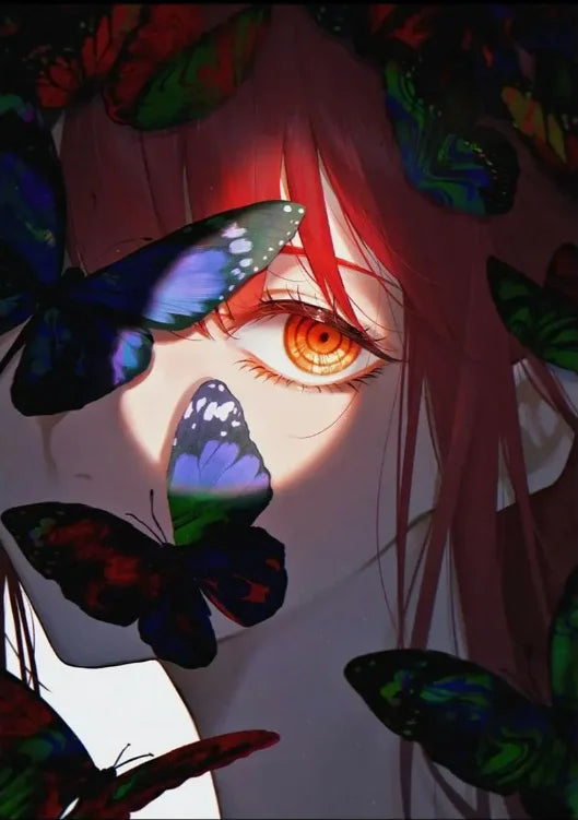 Anime style illustration of a person with red hair and butterflies in their eyes