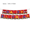 Banner set featuring the words HAPPY BIRTHDAY in red and black superhero designs