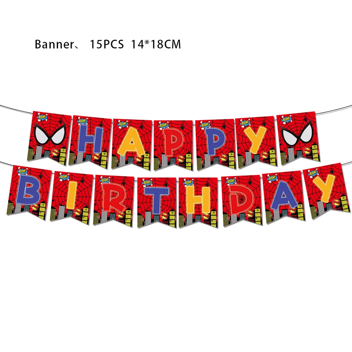 Banner set featuring the words HAPPY BIRTHDAY in red and black superhero designs