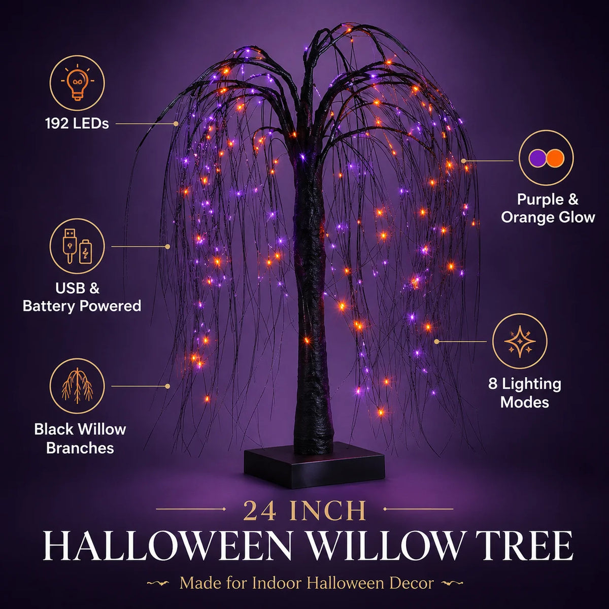 A tall black willow tree decorated with 192 purple and orange LED lights for indoor Halloween decor.