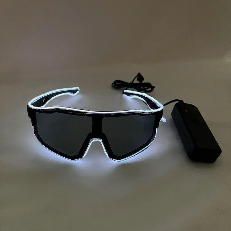 A pair of black sunglasses with an illuminated white frame and a black light source attached.