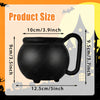 A black witch cauldron mug with a handle shown next to size measurements.