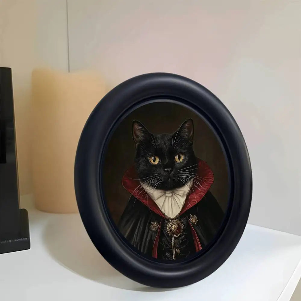 A round black photo frame displaying a Renaissance portrait of a black cat wearing a red collar.