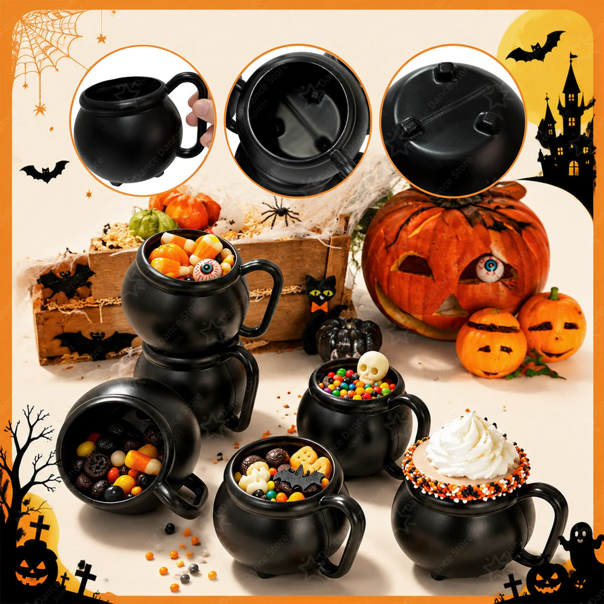 Black witch cauldron mugs filled with Halloween treats like candy and pumpkins for party favors