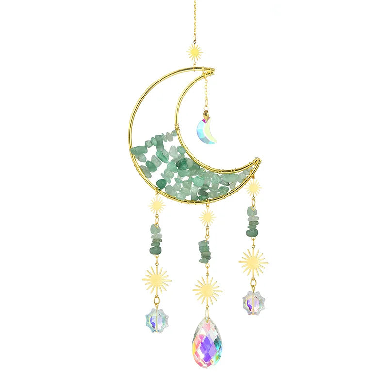 Gold moon suncatcher wind chime with green crystals and prism accents