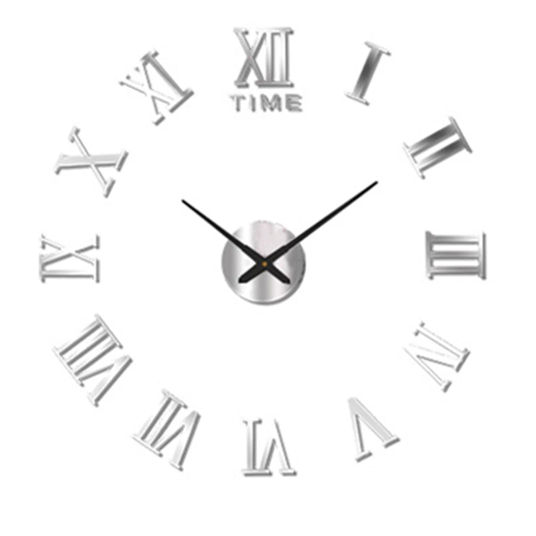 A silver acrylic wall clock face showing the time XII and various Roman numerals.