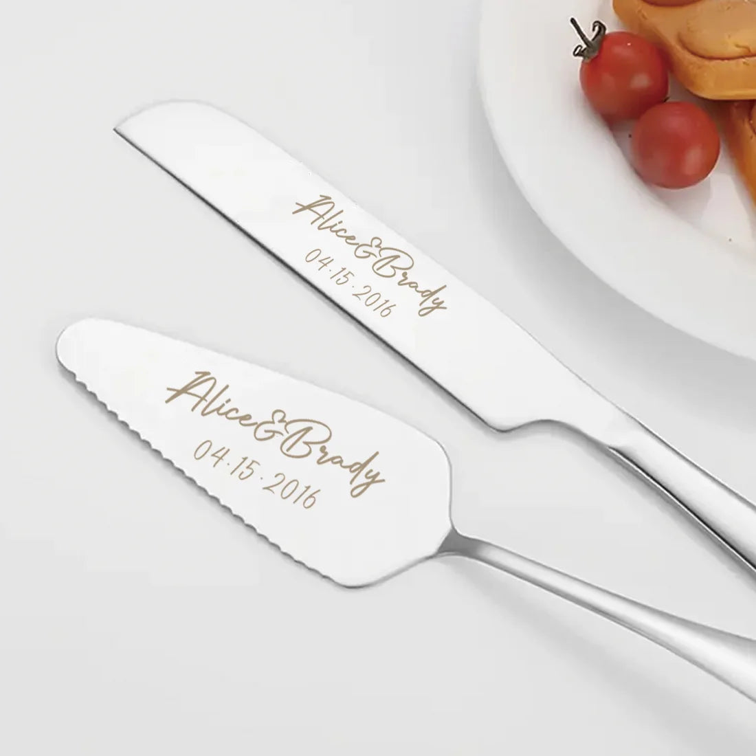 Personalized Engraved Stainless Steel Cake Knife and Server Set