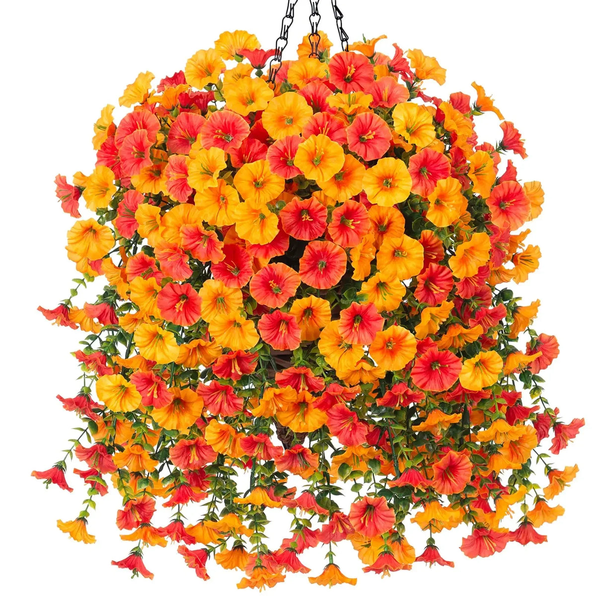 A hanging arrangement of artificial orange and red morning glory flowers with green eucalyptus leaves.