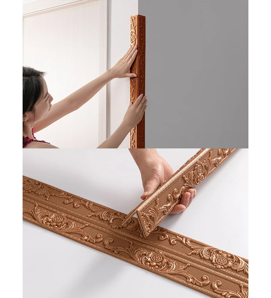 Close-up of brown decorative PE foam edge banding trim being applied to a white wall frame.