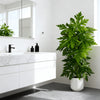 A large artificial papaya leaf plant in a white pot sits on a modern bathroom counter next to a sink.