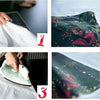 Four images showing a cartoon dinosaur birthday party backdrop fabric in various close-up shots.