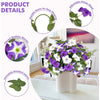 A bouquet of purple and white artificial petunia flowers in a white vase, surrounded by product details.