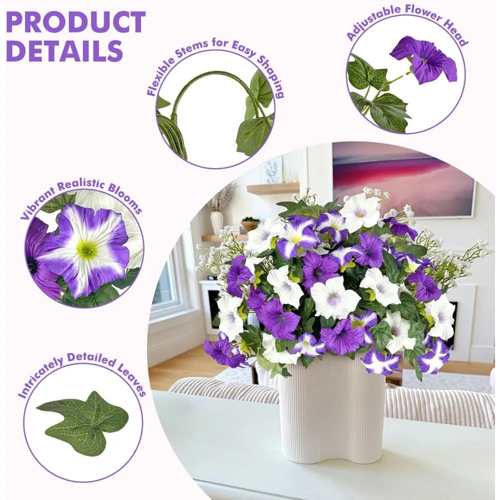 A bouquet of purple and white artificial petunia flowers in a white vase, surrounded by product details.