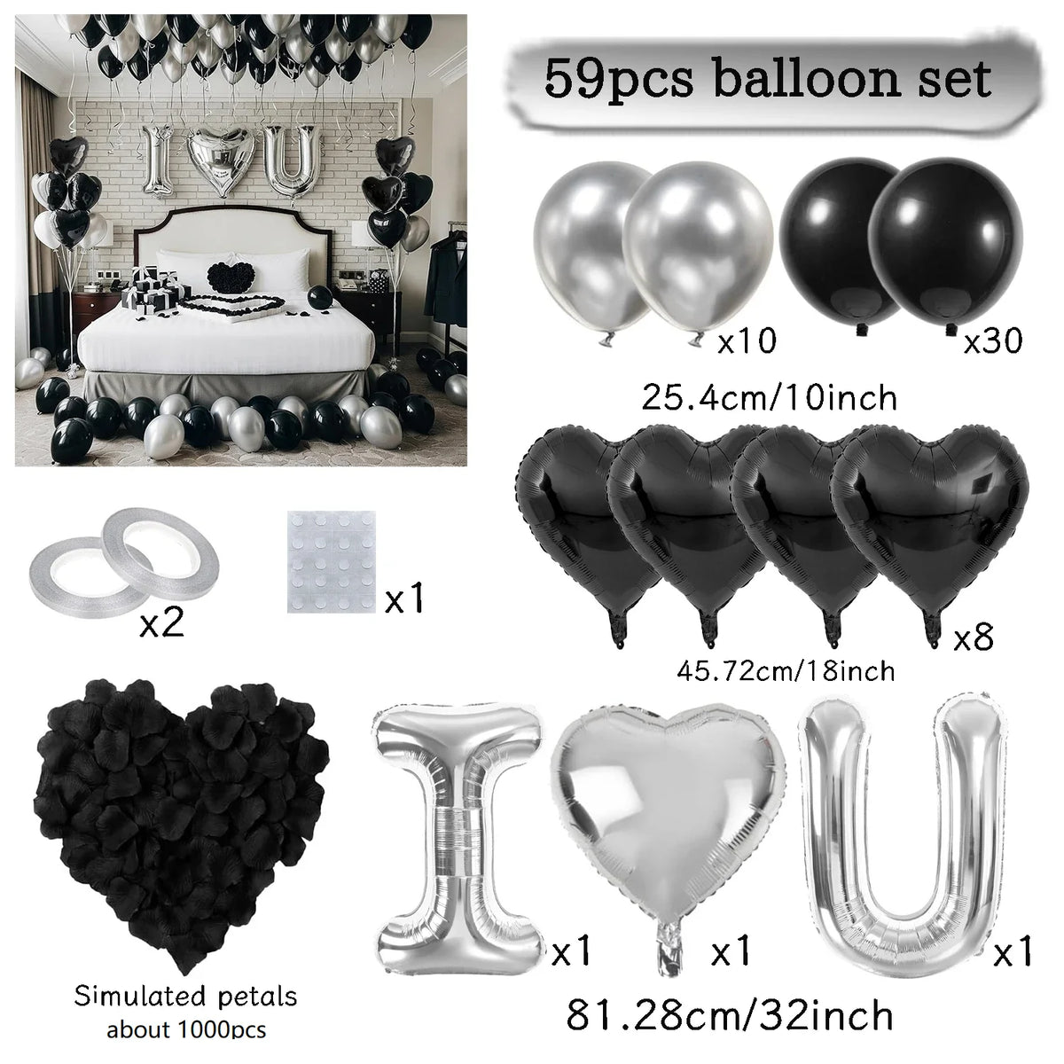 Un set de 59 ballons, incluant des ballons en forme de cœur et un grand ballon en forme de U.