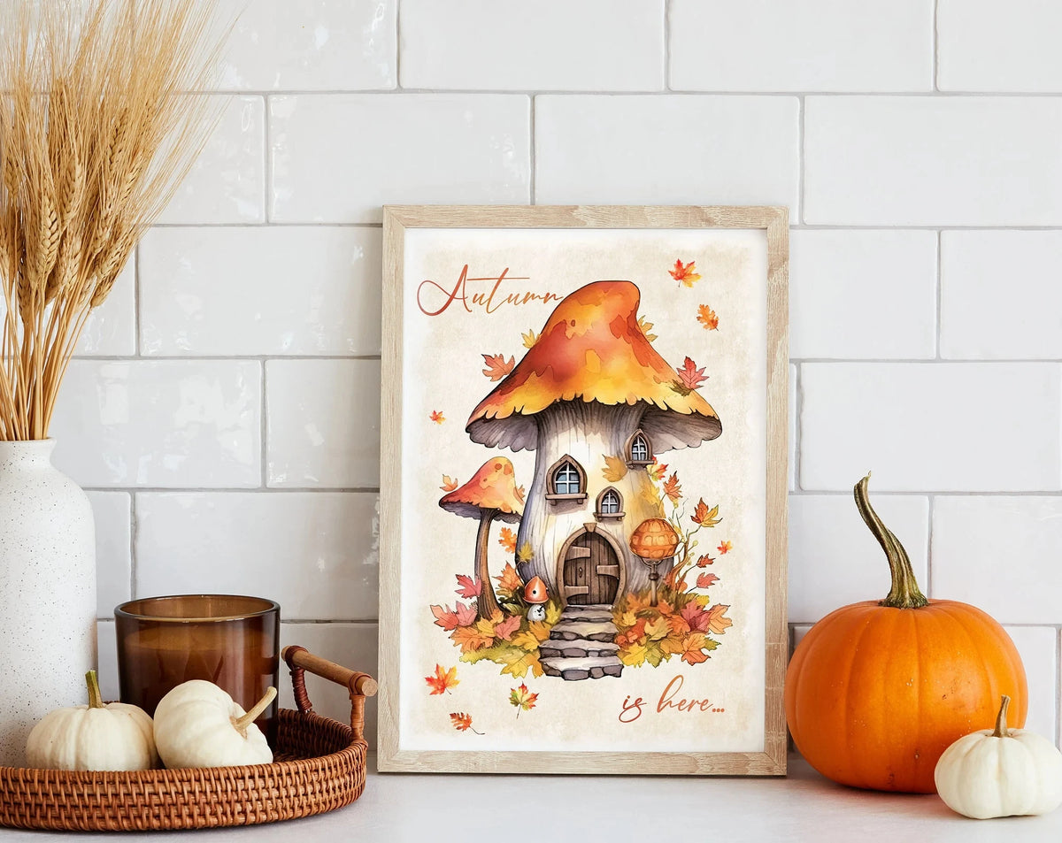 Wall art featuring an illustration of a large orange mushroom and autumn foliage on a wooden frame.