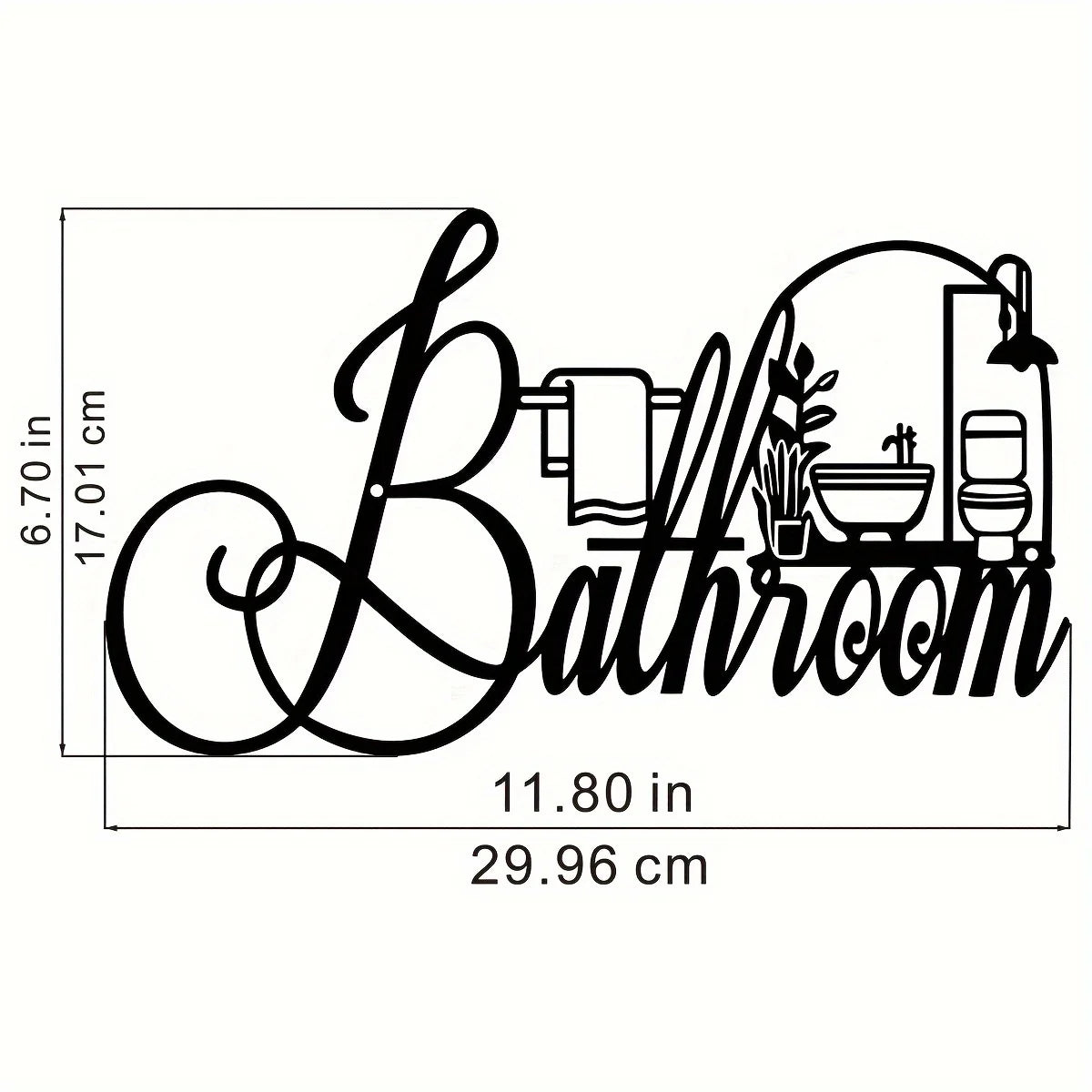 Black line drawing of an elegant bathroom sign featuring a vintage script font and decorative elements.