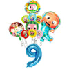 A set of colorful cartoon Cocomelon watermelon foil balloons and a blue number nine balloon.