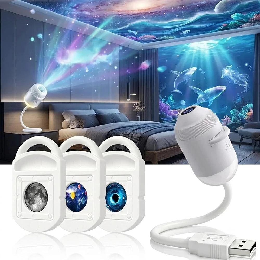 A white 2-in-1 Galaxy projector night light with a remote control and power cord displayed in front of a bedroom setting.