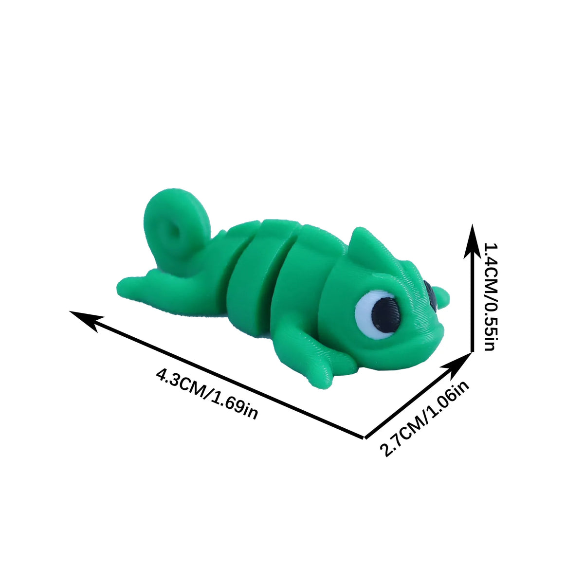 A green 3D printed cartoon animal figurine of a frog, shown with dimensions.