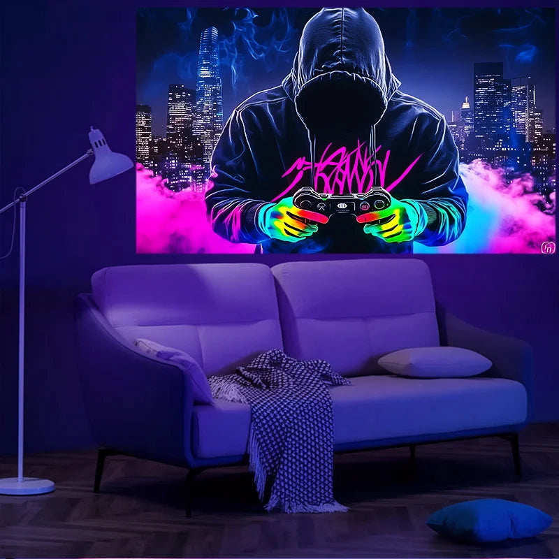 A person wearing a hoodie is intensely playing a video game with colorful lights, set against a backdrop of a city skyline.
