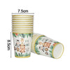 A set of white and green striped paper cups and a lid with safari animal designs for a party.
