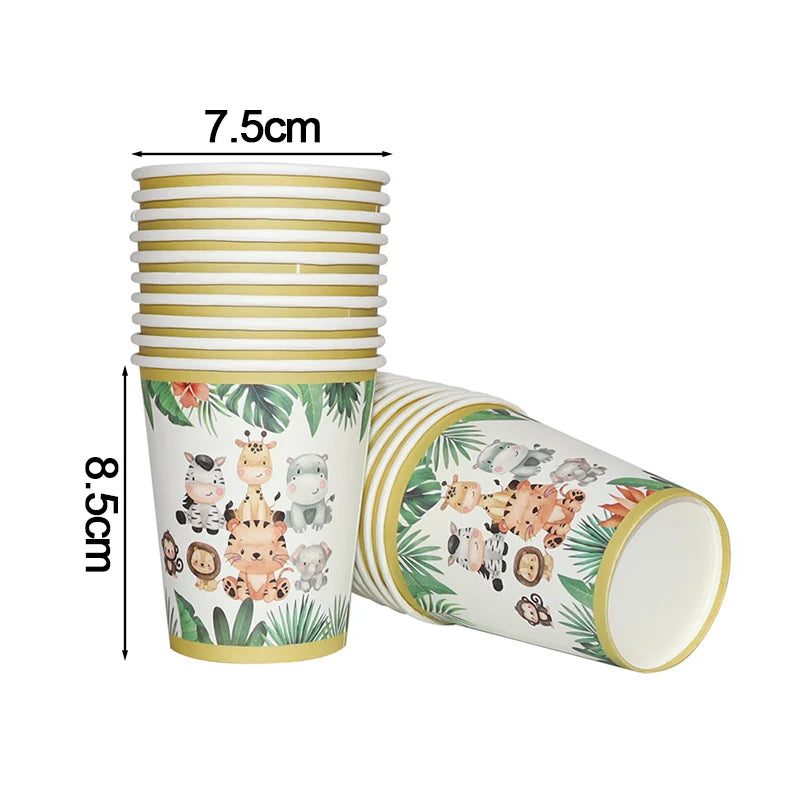 A set of white and green striped paper cups and a lid with safari animal designs for a party.