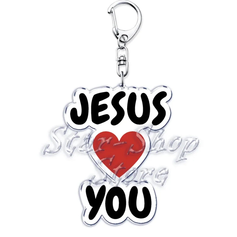 Silberner Acryl-Anhänger in Herzform mit den Worten JESUS und YOU