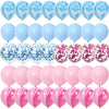A set of blue and pink gender reveal balloons with confetti patterns.