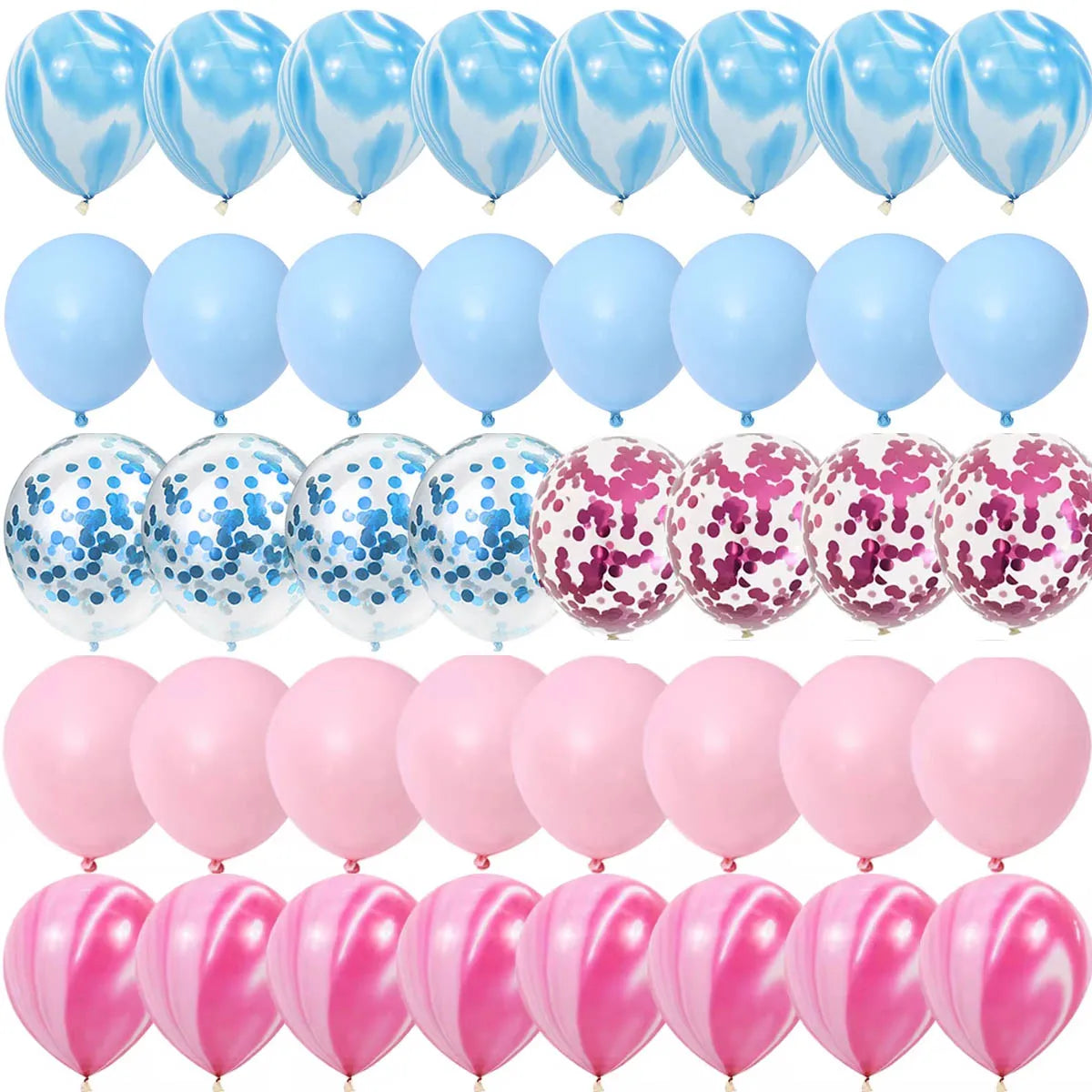 A set of blue and pink gender reveal balloons with confetti.
