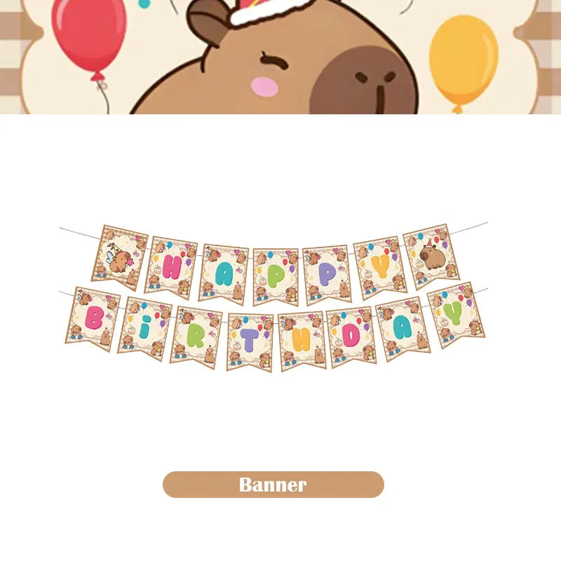 A banner decoration kit featuring individual cards spelling out HAPPY BIRTHDAY with cute capybara illustrations.