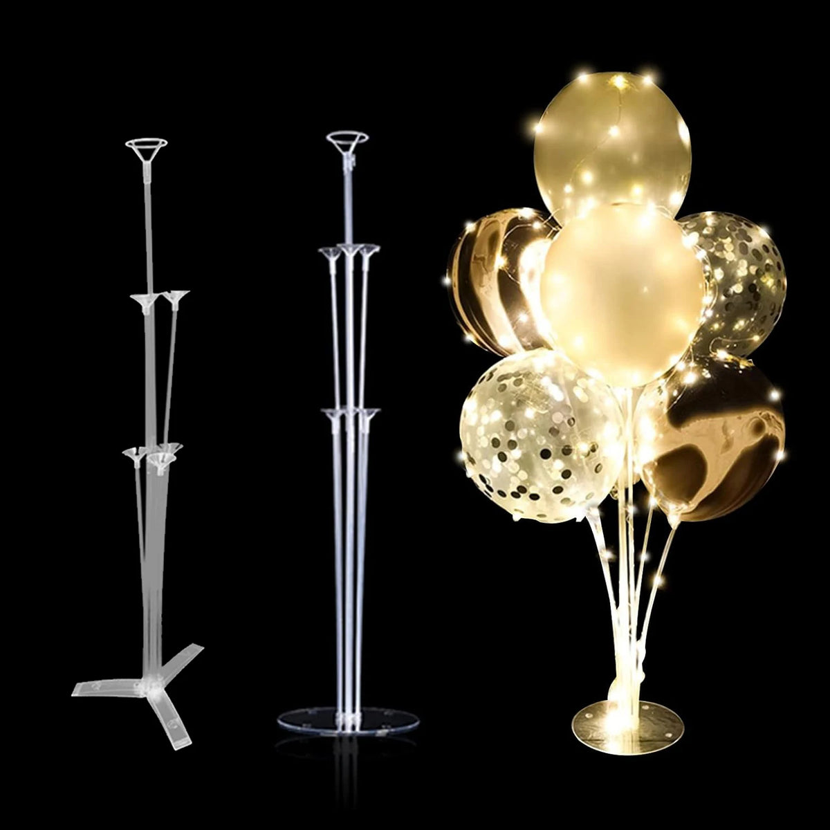 A set of reusable balloon display stands with clear plastic stems and gold-colored balloons.