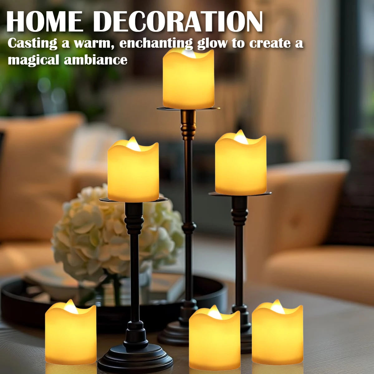 Three glowing yellow votive tea lights in black holders on a table for home decoration
