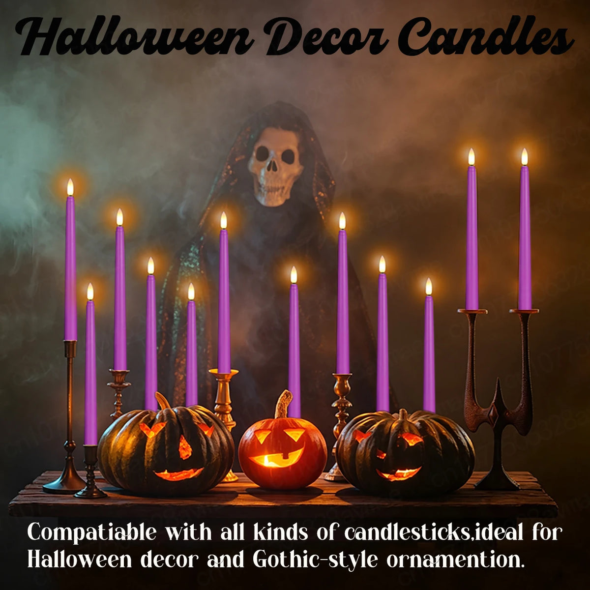 Halloween decor featuring purple candles and carved pumpkins set against a spooky background.