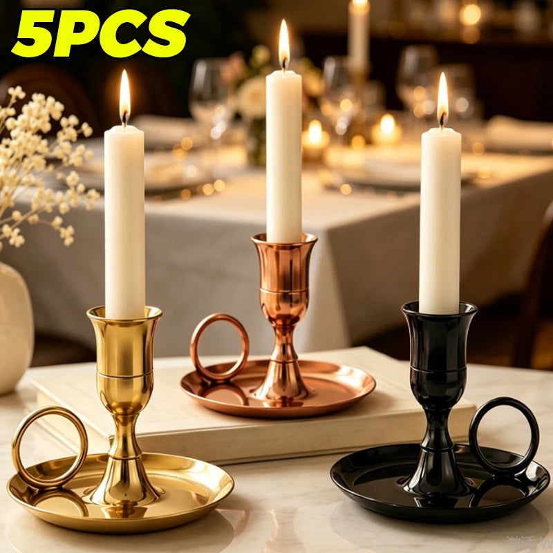 Vintage Gold Taper Candle Holder with Handle and Drip Tray