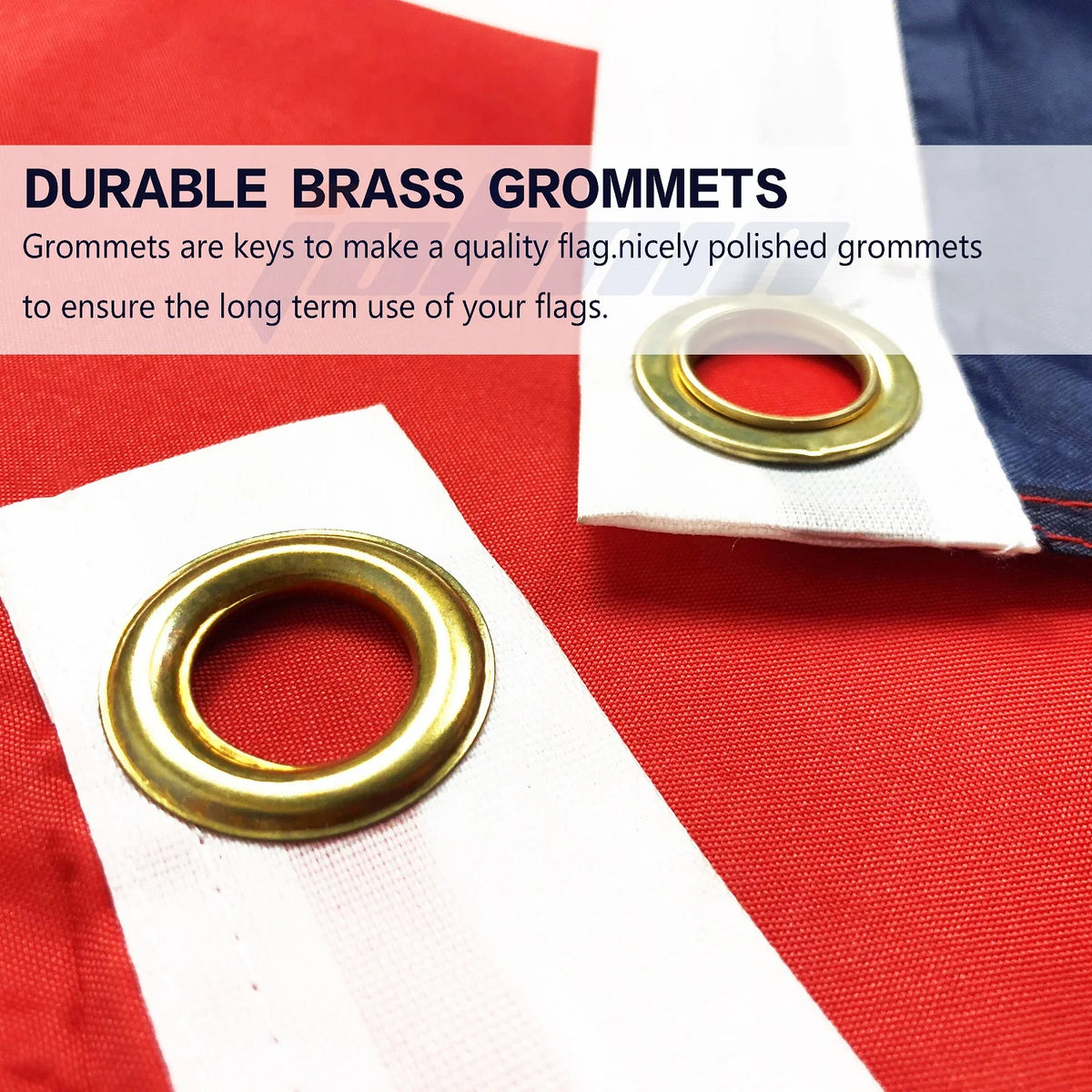 Close-up of a brass grommet used to attach a flag, shown on a red and white fabric background.
