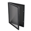 A black wooden display frame with a glass panel, shown open.