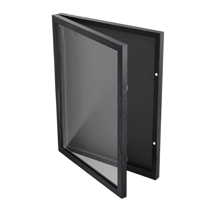 A black wooden display frame with a glass panel, shown open.