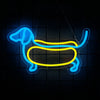 A neon sign shaped like a dachshund dog outline glowing in blue and yellow against a dark background.