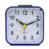 A compact digital alarm clock face showing the time, with a blue casing and a white display.