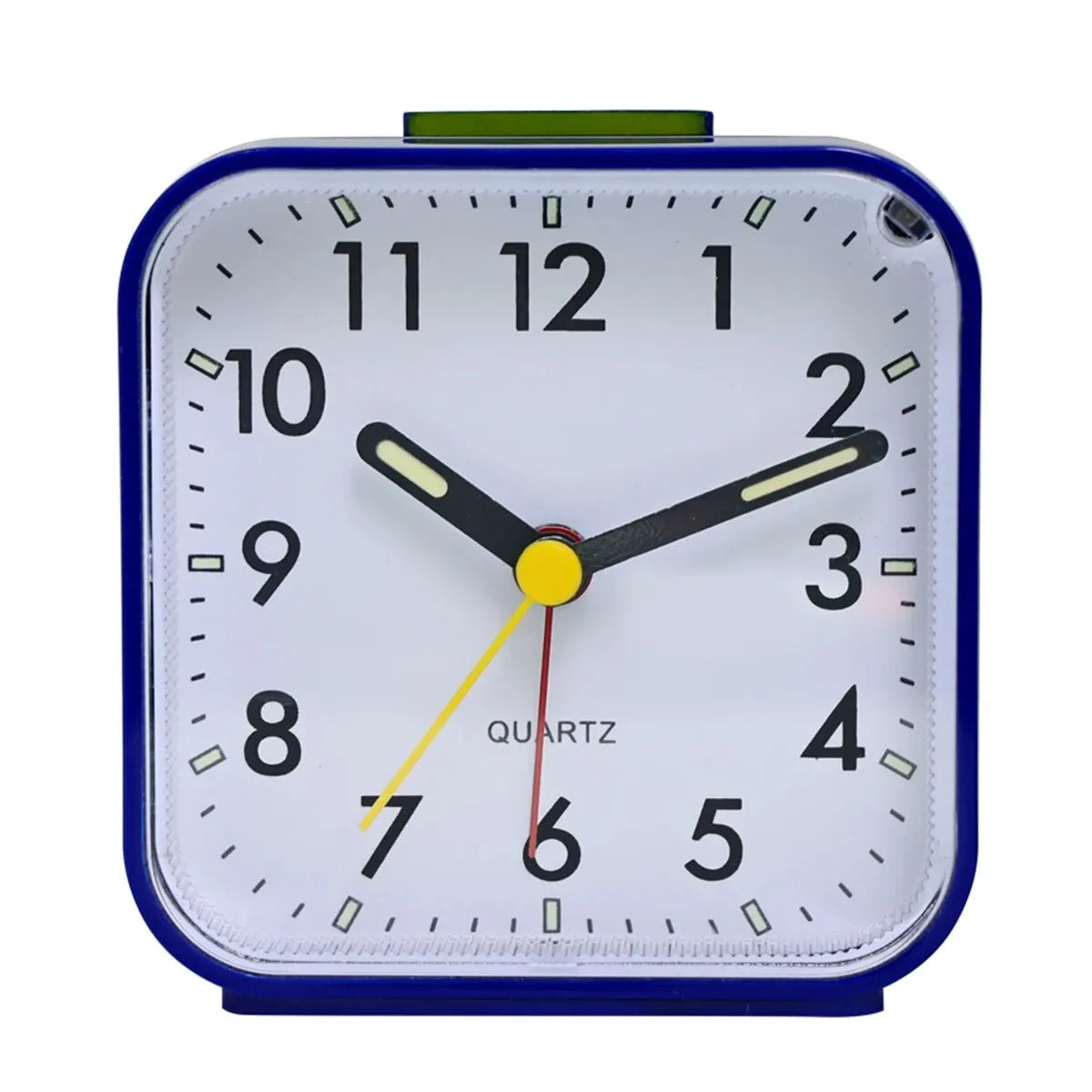 A compact digital alarm clock face showing the time, with a blue casing and a white display.